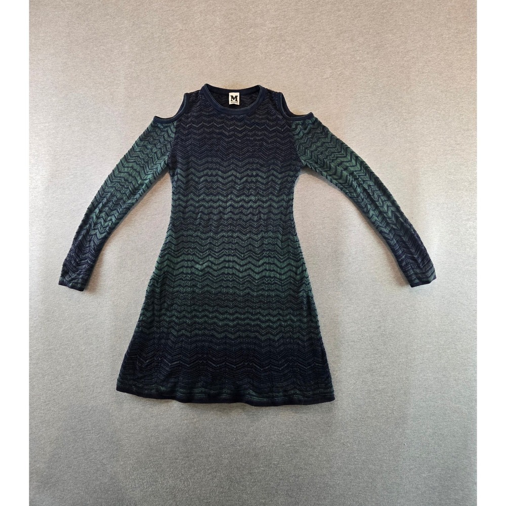 M by Missoni Knit Dress Womens 4 Navy Green Zigzag Cold Shoulder Long Sleeve